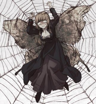 1girl ascot black_coat black_shoes black_skirt brown_hair butterfly_wings buttons coat constricted_pupils dot_pupils full_body highres hswoimuxk0pwr0h_(bbdan) in_web insect_wings long_hair long_sleeves scared shirt shoes silk skirt solo spider_web sweat umineko_no_naku_koro_ni ushiromiya_rosa white_ascot white_shirt wings