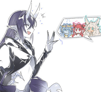 Rule 34 | 3 ma me, 4girls, animal ears, blue eyes, blue hair, closed eyes, colored skin, dominus impulse, dominus purge, dominus spark, dominus spiral, duel monster, earrings, green eyes, grey hair, grey skin, hair between eyes, horns, jewelry, long hair, multiple girls, navel, open mouth, pointy ears, red eyes, red hair, sidelocks, smile, yu-gi-oh!