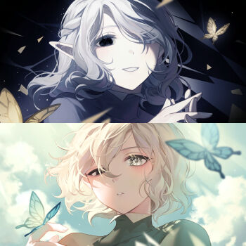 1boy absurdres age_comparison black_eyes blue_sky braid bug butterfly butterfly_on_hand cloud dual_persona dungeon_meshi elf grey_eyes grey_hair half_up_braid heterochromia high_collar highres insect lazy_eye lella_nyam looking_at_viewer male_focus medium_hair mithrun mithrun_(young) open_mouth outdoors parted_lips pointy_ears shirt short_hair sky smile solo_focus split_screen uneven_eyes wavy_hair