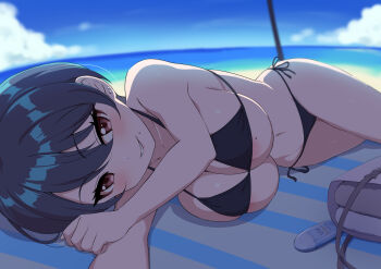 Rule 34 | 1girl, areola slip, bag, black hair, blue sky, breasts, brown eyes, cloud, commentary request, day, earrings, hair between eyes, highres, jewelry, large breasts, lying, mole, mole on breast, navel, ocean, on side, original, outdoors, sakamata (sakamata4), short hair, shoulder bag, sky, solo, stomach, variant set