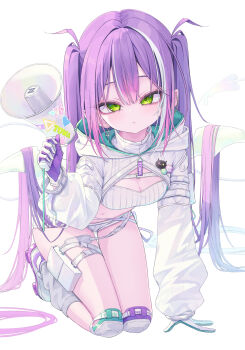 1girl 333shishishi333 absurdres bandeau boots breasts center-flap_bangs chain chain_earrings cleavage commentary cross cross_earrings demon_girl demon_tail demon_wings double-parted_bangs earrings expressionless full_body gloves goggles gradient_hair green_eyes grey_socks hair_between_eyes highres holding holding_megaphone hololive hooded_shrug jewelry knee_pads kneeling long_hair long_sleeves looking_at_viewer loose_socks megaphone micro_shorts midriff mismatched_earrings multicolored_hair navel official_alternate_costume official_alternate_hairstyle pink_hair pointy_ears ponytail pouch puffy_long_sleeves puffy_sleeves purple_hair roller_skates shorts shrug_(clothing) skates ski_goggles small_breasts socks solo streaked_hair tail thigh_pouch thigh_strap tokoyami_towa tokoyami_towa_(cyberpunk) turtleneck twintails virtual_youtuber white_bandeau white_boots white_gloves white_hair white_shorts white_shrug white_wings wings