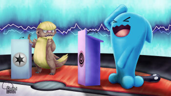 >_< arm_up claws closed_eyes commentary debate dentedbrain english_commentary full_body gen_2_pokemon gen_7_pokemon gumshoos highres lectern microphone nintendo no_humans open_mouth poke_ball_theme pokemon pokemon_(creature) pokemon_focus sharp_teeth smile standing teeth wobbuffet