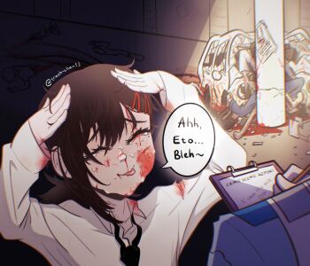 1girl accident ah_eto..._bleh_(meme) black_hair black_necktie bleeding blood_from_forehead blood blood_on_face car car_crash chainsaw_man clipboard closed_eyes collared_shirt crying death destroyed dismemberment hair_ornament hairclip higashiyama_kobeni highres holding holding_clipboard injury interrogation medium_hair meme motor_vehicle necktie nosebleed parody pencil pool_of_blood scar shirt single_sidelock solo sweat taiho_shichauzo tongue tongue_out torn_clothes trash_chan13 twitter_username utility_pole white_shirt