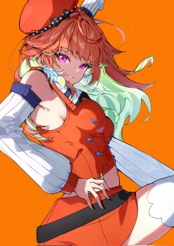 1girl blush breasts chef_hat earrings feather_earrings feathers gradient_hair green_hair hat highres hololive hololive_english jewelry long_hair looking_at_viewer mnemo_(mnemorikriyairo) multicolored_hair open_mouth orange_hair purple_eyes smile solo takanashi_kiara takanashi_kiara_(1st_costume) thighhighs two-tone_hair virtual_youtuber