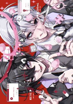 2boys :d :q black_eyes black_hair black_jacket black_necktie closed_mouth collared_shirt commentary_request double-parted_bangs fangs hair_between_eyes heterochromia highres holding holding_scissors jacket kaminoq long_sleeves looking_at_viewer male_focus multiple_boys necktie open_mouth original portrait purple_eyes red_background scissors shirt short_hair sideways smile tongue tongue_out watermark white_hair white_shirt window_(computing)