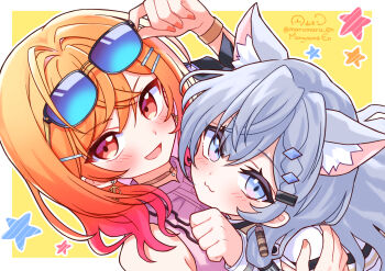 2girls :3 animal_ears artist_name blue_eyes cat_ears earrings eyewear_on_head grey_hair highres hololive hololive_dev_is hololive_indonesia ichijou_ririka ichijou_ririka_(1st_costume) jewelry maruyama_en multiple_girls orange_eyes orange_hair orange_nails shirt sleeveless sleeveless_shirt star_(symbol) sunglasses vestia_zeta vestia_zeta_(1st_costume) virtual_youtuber yellow_background