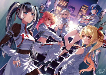 5girls ahoge asymmetrical_clothes beamed_eighth_notes black_hair blonde_hair blue_eyes blue_hair blunt_bangs bodystocking breasts buru-dai clothing_cutout commentary_request covered_navel crossed_arms detached_sleeves dutch_angle eighth_note fishnet_socks fishnets fortissimo gradient_hair hair_ornament hat hiodoshi_ao hiodoshi_ao_(regloss_uniform) hololive hololive_dev_is ichijou_ririka juufuutei_raden juufuutei_raden_(regloss_uniform) long_hair medium_breasts midriff multicolored_hair multiple_girls musical_note musical_note_hair_ornament navel night night_sky official_alternate_costume orange_hair otonose_kanade otonose_kanade_(regloss_uniform) pants ponytail poster_(object) purple_hair red_eyes red_hair regloss_(hololive) shoes short_hair short_shorts shorts shoulder_cutout sidelocks signature single_pantsleg sitting sky sleeves_past_wrists smile socks stairs star_(sky) streaked_hair todoroki_hajime todoroki_hajime_(regloss_uniform) twintails two-tone_hair two_side_up virtual_youtuber white_background white_hat white_pants white_shoes