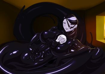 2girls batman_(series) batman_beyond black_hair black_lips blush breasts closed_eyes colored_skin conjoined dc_comics fingering fisting highres inque large_breasts liquid_hair mature_female medium_breasts medium_hair melanie_walker_(batman_beyond) melting merging_bodies monster_girl multiple_girls nipples older_female_and_younger_female p34hakuto purple_skin shapeshifter slime_(substance) slime_girl slimification smile sunlight sunset teeth transformation white_hair window yuri