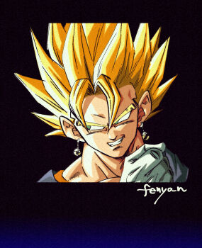 1boy black_bow bow close-up dragon_ball dragon_ball_z:_hyper_dimension dragonball_z earrings fenyon gloves green_eyes highres jewelry medium_hair parted_lips potara_earrings simple_background smirk solo spiked_hair vegetto white_gloves