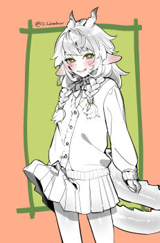 1girl blush bow bowtie braid bulge cardigan commentary_request cowboy_shot green_background green_eyes grin highres horns long_hair long_sleeves looking_at_viewer low_twin_braids mirin_chikuwa pleated_skirt pointy_ears skirt smile solo tail twin_braids two-tone_background vrchat