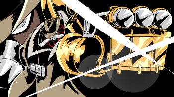 1boy absurdres big_band commentary cyborg dark_skin deputy_rust diffraction_spikes english_commentary eye_focus fedora hat high_contrast highres lens_flare punching simple_background skullgirls tengen_toppa_gurren_lagann ttgl_eyecatch