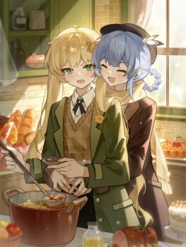 2girls :d alternate_costume baguette black_hat blonde_hair blue_hair bottle braid braided_hair_rings bread brown_coat brown_vest cherry chinese_commentary closed_eyes coat collared_shirt commentary_request commission cooking cooking_pot cowboy_shot egg food fruit green_coat green_eyes hair_rings hat highres holding holding_ladle hug hug_from_behind indoors kagisase kitchen ladle long_hair long_sleeves looking_at_another mahou_shoujo_no_majo_saiban meat multiple_girls open_mouth pie scarf second-party_source shirt short_hair smile standing tachibana_sherry tono_hanna twintails vest white_shirt yuri