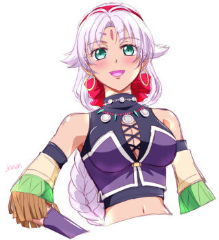 1girl artist_name bindi bow braid braided_ponytail breasts cleavage curtained_hair detached_sleeves earrings eiyuu_densetsu green_eyes hair_bow hairband hoop_earrings jewelry long_hair necklace parted_bangs ponytail portrait scherazard_harvey simple_background single_braid sketch smile solo sora_no_kiseki upper_body white_background white_hair xiacheng_tatsuya