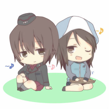 2girls ;d ankle_boots black_jacket black_socks blue_hat blue_skirt boots breasts brown_eyes brown_hair chibi chibi_only closed_mouth commentary_request cross garrison_cap girls_und_panzer hat instrument iron_cross jacket kantele keizoku_military_uniform kuromorimine_military_uniform long_hair long_sleeves looking_at_another mika_(girls_und_panzer) military military_hat military_jacket military_uniform miniskirt multiple_girls nishizumi_maho one_eye_closed open_mouth pleated_skirt raglan_sleeves red_shirt red_skirt seiza shirt short_hair simple_background sitting skirt smile socks track_jacket tulip_hat white_background zol_(rambling7)