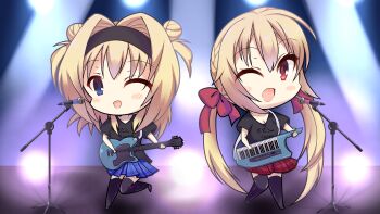 2girls ;d absurdres alternate_costume arihara_nanami black_hairband black_shirt black_thighhighs blue_eyes blue_skirt blush_stickers bow chibi chibi_only chitose_sana clothes_writing company_connection concert crossover double_bun guitar hair_between_eyes hair_bow hair_bun hair_intakes hairband happy highres holding holding_instrument instrument keyboard_(instrument) keytar long_hair looking_at_viewer low_twintails microphone microphone_stand miniskirt multiple_girls music one_eye_closed open_mouth plaid_clothes plaid_skirt playing_instrument pleated_skirt red_bow red_eyes red_skirt reiji_tsukimi riddle_joker shirt short_sleeves side-by-side sidelocks skirt smile smoke stage stage_lights standing standing_on_one_leg t-shirt tenshinranman thighhighs trait_connection translated twintails two_side_up very_long_hair yuzusoft zettai_ryouiki