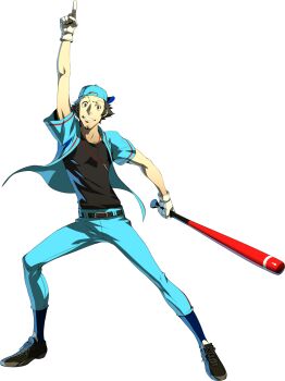 1boy baseball_bat baseball_cap belt facial_hair full_body gloves hat highres holding holding_baseball_bat iori_junpei jewelry necklace official_art oribe_hanako persona persona_3 persona_4:_the_ultimate_in_mayonaka_arena simple_background third-party_source transparent_background