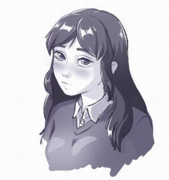 1girl breasts commentary ecclesia_feriae english_commentary expressionless greyscale long_hair medium_breasts monochrome original portrait profile solo sweater