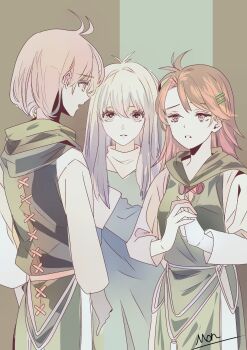 1boy 2girls brown_hair chaos_(xenosaga) commentary_request eyelashes green_hood hair_ornament hairclip highres looking_at_viewer mary_magdalene_(xenosaga) mon_7291 multiple_girls nephilim_(xenosaga) own_hands_together signature spoilers standing white_hair xenosaga xenosaga_episode_iii