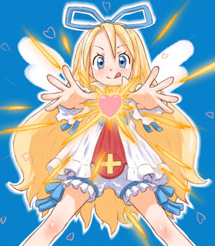 1girl :q beachepisode blonde_hair bloomers blue_background blue_bow blue_bowtie blue_eyes blue_ribbon bow bowtie closed_mouth collared_shirt commentary disgaea english_commentary flonne hair_bow heart highres long_hair long_sleeves looking_at_viewer open_hands outline outstretched_arms reaching reaching_towards_viewer red_shirt ribbon shirt sleeve_ribbon smile solo split_mouth tongue tongue_out two-tone_shirt underwear very_long_hair white_bloomers white_outline white_shirt