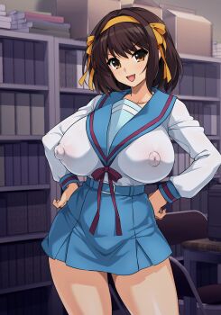 1girl :d absurdres blue_sailor_collar blue_skirt bookshelf box breasts brown_eyes brown_hair cardboard_box commentary_request covered_erect_nipples hair_ribbon hairband hands_on_own_hips haruhisky highres huge_breasts indoors kita_high_school_uniform long_sleeves looking_at_viewer open_mouth ribbon sailor_collar school_uniform serafuku skirt smile solo standing suzumiya_haruhi suzumiya_haruhi_no_yuuutsu tongue winter_uniform yellow_hairband yellow_ribbon