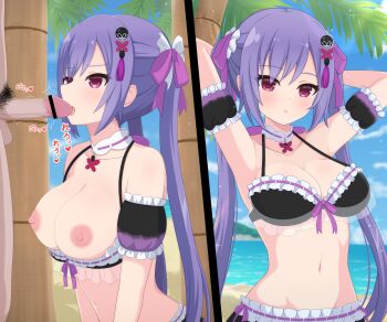 1boy 1girl arm_garter arms_behind_head arms_up assault_lily bar_censor bare_shoulders bikini bikini_pull bikini_top_pull blue_sky blurry blurry_background blush breasts breasts_out censored clothed_female_nude_male clothed_sex clothes_pull cloud collarbone commentary_request day fellatio frilled_bikini frilled_ribbon frills front-tie_bikini_top front-tie_top hair_ornament hair_ribbon haniwa_(kiminozorazio) head_out_of_frame heart hetero highres horizon jewelry large_breasts licking licking_penis long_hair looking_at_another looking_at_viewer male_pubic_hair matsumura_fuuka multiple_views navel nipples nude official_alternate_costume oral out_of_frame outdoors palm_tree parted_lips pendant penis pink_eyes pink_ribbon pubic_hair purple_hair ribbon ribbon-trimmed_bikini ribbon_trim see-through_bikini see-through_clothes sky solo_focus sparkle spoken_heart standing stomach swimsuit tassel tassel_hair_ornament testicles translation_request tree twintails twitching_penis upper_body v-shaped_eyebrows very_long_hair water