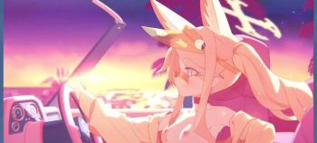 1girl adjusting_eyewear animal_ear_fluff animal_ears animated bare_shoulders beach blonde_hair blue_archive car closed_mouth clothing_cutout commentary_request completely_nude cross_halo driving extra_ears flat_chest fox_ears fox_girl hair_over_one_eye halo highres jacket loli long_hair long_sleeves looking_at_viewer motor_vehicle nipples nude nude_filter ocean off_shoulder official_alternate_costume official_alternate_hairstyle official_art one_eye_covered orange-tinted_eyewear palm_tree pink_background sandals seia_(blue_archive) seia_(swimsuit)_(blue_archive) side_ponytail smile solo sound speech_bubble steering_wheel sunset tagme third-party_edit tinted_eyewear tree very_long_hair very_long_tail video visor_cap voice_actor voice_actress yellow_halo yellow_jacket yellow_visor