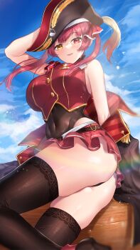 1girl absurdres ass bare_shoulders bicorne black_coat black_hat black_leotard black_thighhighs breasts chan100577 coat commentary_request hat heterochromia highres hololive houshou_marine houshou_marine_(1st_costume) jacket large_breasts leotard long_hair miniskirt off_shoulder outdoors parted_lips pirate_hat red_eyes red_hair red_jacket red_skirt skirt smile thighhighs thighs twintails virtual_youtuber yellow_eyes