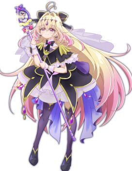 Rule 34 | 1girl, absurdres, antenna hair, black capelet, blonde hair, brooch, capelet, closed mouth, commentary request, cure arcana shadow, diamond hairband, frilled capelet, frilled cuffs, frills, full body, gradient hair, hair intakes, heart, heart brooch, highres, holding, holding rod, jewelry, long hair, magical girl, meitantei precure!, moria luluka, multicolored hair, pink eyes, pink hair, precure, purple thighhighs, purple veil, rod, sauna detective, smile, solo, tear arcana rod, thighhighs, veil, very long hair, zettai ryouiki