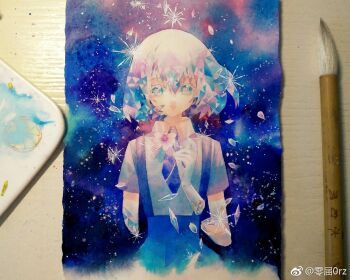 1other amputee art_tools_in_frame blue_eyes blue_necktie blue_skirt breaking chinese_commentary collared_shirt colored_eyelashes commentary_request cowboy_shot crystal_hair diamond_(houseki_no_kuni) flower hair_between_eyes high-waist_skirt holding holding_flower houseki_no_kuni lingjie_0rz lips looking_at_viewer necktie other_focus painting_(medium) parted_lips photo_(medium) pink_flower shards shirt short_hair skirt smile solo space star_(sky) suspender_skirt suspenders teeth traditional_media watercolor_(medium) watermark weibo_watermark white_hair white_shirt