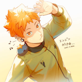 1boy animal animal_on_shoulder animalization bird bird_on_shoulder closed_mouth commentary_request dated green_jacket haikyuu!! hinata_shouyou jacket looking_at_viewer male_focus musical_note orange_eyes orange_hair solo sweat translation_request wireless_earphones yuyu_(yuyudesu0806) zipper