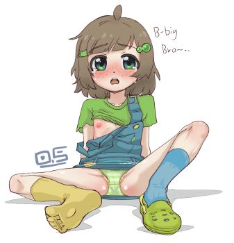 1girl asymmetrical_legwear blush brown_hair clothes_lift crocs english_text feet flat_chest freckles full_body green_eyes hair_ornament hairclip highres indie_virtual_youtuber legs lily_hopkins loli looking_at_viewer nipples overall_dress oversleepergirl panties pantyshot shirt shirt_lift shoes short_hair simple_background sitting socks solo spread_legs tears thighs underwear virtual_youtuber white_background yellow_socks
