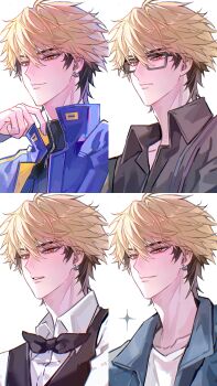 1boy absurdres alternate_costume black-framed_eyewear black_bow black_bowtie black_hair black_shirt black_vest blonde_hair blue_jacket bow bowtie chinese_commentary closed_mouth collared_shirt ear_piercing earrings eyebrow_piercing face_piercing glasses hair_between_eyes hand_up highres jacket jewelry long_sleeves looking_at_viewer male_focus multicolored_hair multiple_views open_clothes open_jacket orange_eyes parted_lips piercing shiguang_dailiren shirt short_hair simple_background smile sparkle turtleneck two-tone_hair upper_body vest white_background white_shirt xia_fei yi_ke_si_qsi_mi zipper zipper_pull_tab