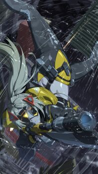 1girl absurdres aiming aiming_at_viewer black_gloves black_jacket black_pants blindfold_mask blonde_hair camouflage camouflage_jacket camouflage_pants covered_eyes cropped_jacket fingerless_gloves fisheye gloves glowing_mask gun gunblade highres jacket mask midriff night pants parted_lips ponytail rain rifle shipping_container sky sniper_rifle solo tight_clothes tight_pants trigger_(zenless_zone_zero) upside-down weapon yan000 zenless_zone_zero