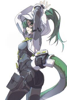 1girl 5e3d45880000000001002473 arknights arknights:_endfield ass bodysuit boots breasts commentary_request fluorite_(arknights) green_eyes green_hair grey_bodysuit highres holster hood hoodie looking_at_viewer looking_to_the_side medium_breasts ponytail simple_background solo thigh_holster white_background white_boots white_hoodie