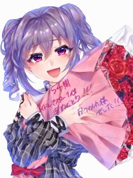 1girl :d blush bouquet choppy_bangs commentary_request drill_hair flower grey_shirt hair_between_eyes highres holding holding_bouquet idolmaster idolmaster_cinderella_girls kanzaki_ranko long_sleeves looking_at_viewer okubatomaeba open_mouth pink_eyes purple_hair red_flower red_rose rose shirt short_hair simple_background smile solo translation_request twin_drills upper_body white_background