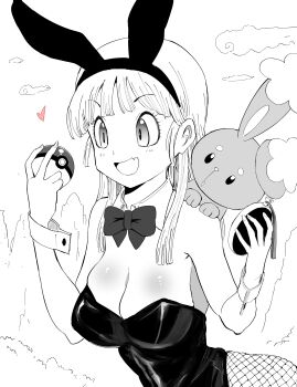 1girl absurdres alternate_breast_size_(larger) animal_ear_hairband animal_ears bow bowtie breasts bulma buneary cloud commentary_request creature creature_on_shoulder crossover detached_collar detached_sleeves dragon_ball dragon_ball_(classic) dragon_radar fake_animal_ears fang fishnet_pantyhose fishnets gen_4_pokemon greyscale hairband heart highres holding holding_poke_ball large_breasts leotard monochrome mushi_gyouza nintendo official_alternate_costume on_shoulder open_mouth pantyhose playboy_bunny poke_ball pokemon pokemon_(creature) rabbit_ear_hairband rabbit_ears skin_fang smile spot_color strapless strapless_leotard