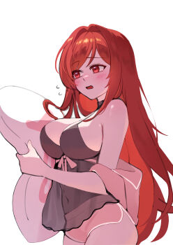 1girl absurdres black_choker black_nightgown choker dolphin_shorts goddess_of_victory:_nikke hair_down highres holding holding_pillow nightgown official_alternate_costume official_alternate_design official_alternate_hair_color pajamas pillow pink_pajamas pink_shorts rapi_(nikke) rapi_(red_hood)_(cherished_red)_(nikke) rapi_(red_hood)_(nikke) red_hair shorts sleepwear solo uz_(uzru0428) yes-no_pillow