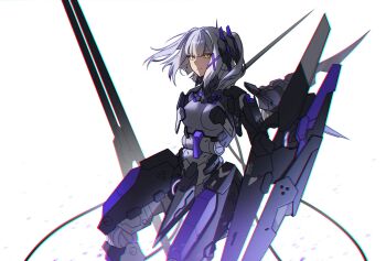 1girl blunt_bangs breasts c0ffeenn closed_mouth commentary cowboy_shot cyborg grey_hair hair_between_eyes hair_ornament headgear highres holding joints looking_at_viewer mecha_musume mechabare mechanical_arms mechanical_legs mechanical_wings medium_breasts medium_hair punishing:_gray_raven robot_joints rosetta:_rigor_(pgr) rosetta_(pgr) sidelocks simple_background solo white_background wings x_hair_ornament yellow_eyes