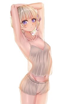 1girl absurdres alternate_costume armpits arms_up bare_arms blonde_hair blunt_bangs breasts camisole closed_mouth commentary english_commentary highres hololive hololive_dev_is looking_at_viewer loungewear mack_(13mcqn) midriff multicolored_hair navel purple_eyes purple_hair see-through_silhouette short_hair short_shorts shorts simple_background small_breasts solo streaked_hair todoroki_hajime two_side_up virtual_youtuber white_background white_camisole white_shorts