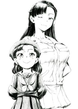 1girl aged_down blush breasts chi-hatan_school_uniform child feet_out_of_frame girls_und_panzer highres jacket large_breasts long_hair looking_at_viewer monochrome nishi_kinuyo one_eye_closed sailor_collar sawamin school_uniform simple_background skirt smile standing white_background