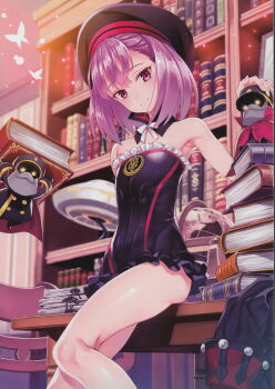 1girl absurdres armpits automaton_(object) bare_shoulders beret book book_stack bookshelf bug butterfly buttons colonel_olcott_(fate) dress fate/grand_order fate_(series) flat_chest floating floating_object frills globe glowing glowing_eyes hat helena_blavatsky_(fate) highres indoors bug looking_at_viewer matsuryuu purple_eyes purple_hair short_dress short_hair smile strapless strapless_dress table thighs sefirot