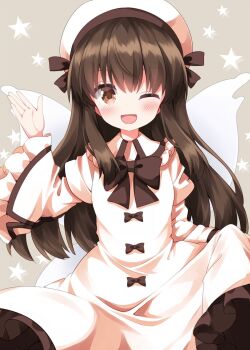 Rule 34 | 1girl, ;d, black bow, black bowtie, blush, bow, bowtie, brown eyes, brown hair, collared dress, commentary, cosplay, cowboy shot, dress, fairy wings, frilled shirt collar, frilled sleeves, frills, hand up, hat, highres, long hair, long sleeves, looking at viewer, luna child, luna child (cosplay), one eye closed, open mouth, ruu (tksymkw), smile, solo, star (symbol), star sapphire, touhou, white dress, white hat, wide sleeves, wings