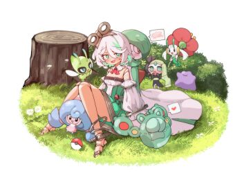 @_@ alternate_color ascot back-to-back barefoot blush bush cecilia_immergreen cecilia_immergreen_(1st_costume) celebi commentary corset crossover detached_sleeves ditto doll_joints dress embarrassed english_commentary floette floette_(red_flower) flower gardevoir gen_1_pokemon gen_2_pokemon gen_3_pokemon gen_5_pokemon gen_6_pokemon gen_8_pokemon goggles grass green_corset green_eyes green_hair green_skirt hattrem heart high-low_skirt highres hololive hololive_english jadea5124 joints legendary_pokemon long_sleeves meloetta meloetta_(aria) multicolored_hair multiple_girls mythical_pokemon nintendo on_ground open_mouth poke_ball poke_ball_(basic) pokemon pokemon_(creature) red_ascot red_eyes reuniclus shiny_pokemon shirt short_hair sitting skirt smile spoken_blush spoken_heart tree_stump virtual_youtuber white_hair white_shirt white_sleeves winding_key