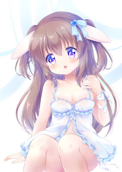 1girl animal_ears babydoll blue_babydoll breasts brown_hair chiika_(cure_cherish) cleavage commentary_request commission hair_ribbon hand_on_own_chest long_hair medium_breasts open_mouth original pixiv_commission purple_eyes rabbit_ears ribbon sitting solo two_side_up underwear underwear_only