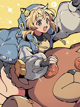 1boy :d androgyne_symbol black_gloves blonde_hair blue_jacket bridget_(guilty_gear) choppy_bangs fingerless_gloves gloves green_eyes guilty_gear guilty_gear_strive hood hood_up hooded_jacket itsuka_neru jacket long_sleeves looking_at_viewer male_focus open_clothes open_jacket open_mouth roger_(guilty_gear) short_hair smile solo stuffed_animal stuffed_toy teddy_bear trap yellow_background