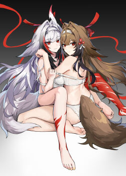 2girls absurdres animal_ears ass barefoot black_hair bra breasts brown_hair brown_tail chinese_commentary commentary_request dual_persona feet fox_ears fox_girl fox_tail hair_intakes hairband highres large_breasts leg_tattoo long_hair looking_at_viewer multicolored_hair multiple_girls panties red_eyes red_hair selfcest shadow_lxy soles tail tattoo toes underwear very_long_hair white_bra white_hair white_hairband white_panties white_tail ye_shunguang zenless_zone_zero