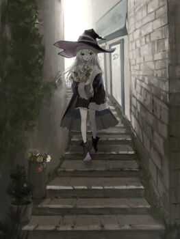 Rule 34 | 1girl, absurdres, alley, bag, black boots, black coat, black skirt, boots, bread, coat, elaina (majo no tabitabi), food, hat, hayu (hayu0305), highres, holding, holding bag, long hair, long sleeves, looking at viewer, majo no tabitabi, miniskirt, outdoors, plant, pleated skirt, potted plant, skirt, solo, stairs, standing, wide shot, witch, witch hat