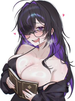 1girl bags_under_eyes black-framed_eyewear black_hair blush book breasts cleavage colored_inner_hair commentary_request glasses goddess_of_victory:_nikke hair_over_one_eye heart heart-shaped_pupils highres label_(nikke) large_breasts long_hair looking_at_viewer mayreellove mole mole_on_breast multicolored_hair purple_eyes solo steam sweat symbol-shaped_pupils two-tone_hair veins veiny_breasts