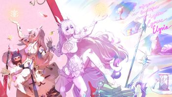 Rule 34 | 2girls, absurdres, boots, breasts, can (honkai impact), cat, character doll, commentary, company connection, cyrene (honkai: star rail), cyrene (ripples of past reverie) (honkai: star rail), diamond-shaped pupils, diamond (shape), doll, dress, elysia (herrscher of human: ego) (honkai impact), elysia (honkai impact), english commentary, english text, high heels, highres, honkai: star rail, honkai (series), honkai impact 3rd, hourglass, inoue marina, interlocked fingers, large breasts, long hair, multiple girls, pink hair, purple eyes, raiden mei, raiden mei (herrscher of thunder), signet of deliverance, symbol-shaped pupils, very long hair, voice actor connection, white boots, white dress, yanning, zat artwork