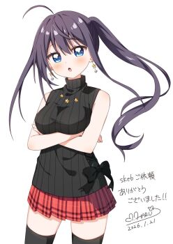 1girl :o ahoge arm_under_breasts bare_arms bare_shoulders black_sweater black_thighhighs blue_eyes blush breasts commentary_request commission cowboy_shot crossed_arms dated dot_nose earrings floral_flowlove hair_between_eyes haru_(konomi_150) jewelry large_breasts long_hair looking_at_viewer miniskirt open_mouth plaid_clothes plaid_skirt pleated_skirt purple_hair red_skirt ribbed_sweater signature simple_background skeb_commission skirt sleeveless sleeveless_sweater sleeveless_turtleneck solo star_(symbol) star_earrings sweater thighhighs tokisaka_nanao turtleneck turtleneck_sweater twintails white_background zettai_ryouiki